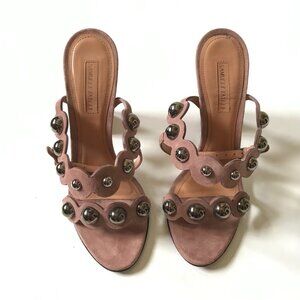 Samuele Failli Beaded Sandals Heels Womens 39 9 Pink Suede Buckle Open Toe Shoe